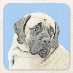 English Mastiff (Fawn) Painting - Original Dog Art Square Paper Coaster