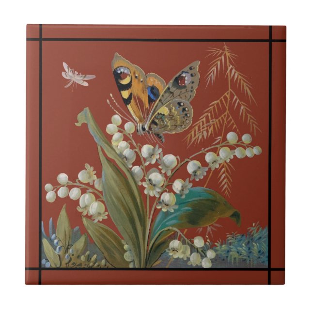 English Minton Hollins Handpainted Butterfly Repro Tile (Front)