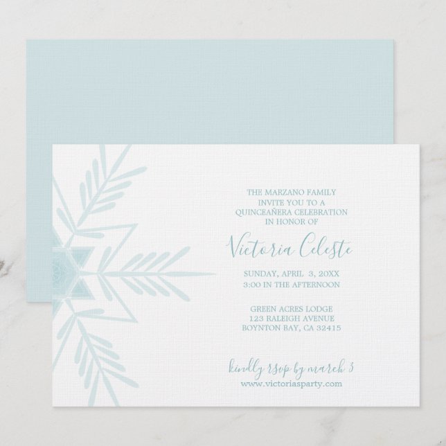 ENGLISH modern blue WINTER WONDERLAND quinceañera Invitation (Front/Back)