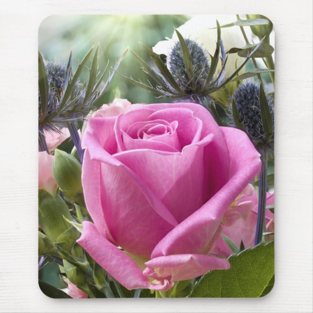 English pink rose close up in garden with sun mouse mat (Front)