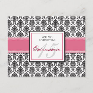 ENGLISH Pink Rose Damask Quinceanera Invitation