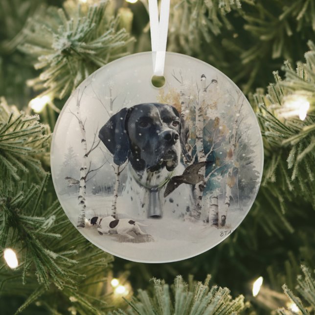 English Pointer , Woodcock Hunting Season , Art  Glass Tree Decoration (Insitu)