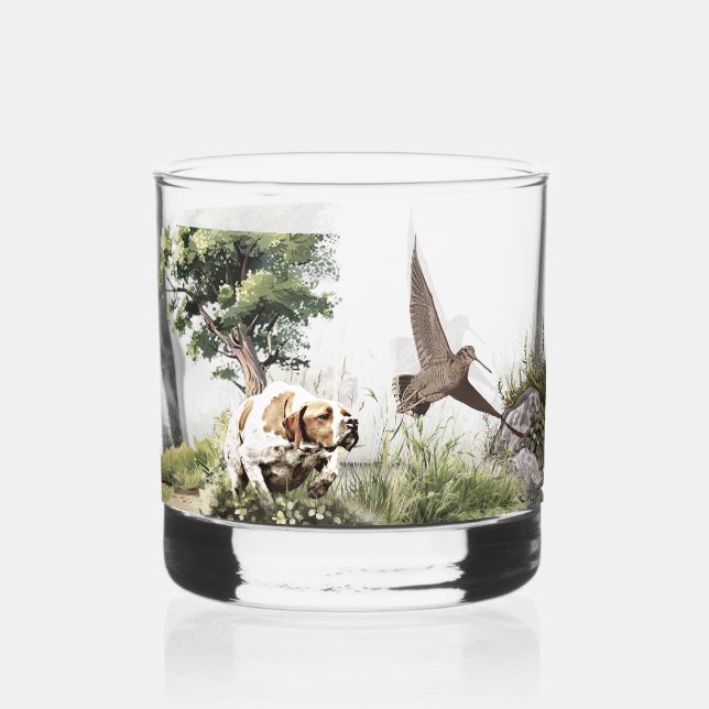 English Pointer , Woodcock Hunting Season , Art  Whiskey Glass (Front)