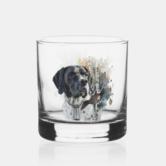 English Pointer , Woodcock Hunting Season , Art  Whiskey Glass (Front)