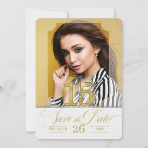 English Quinceanera Save the Date in Golden Hues