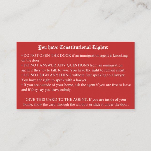 English Red Card- Immigration Rights Card (Front)