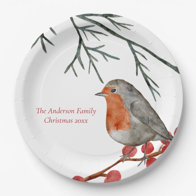 English Redbreast Robin Bird Holiday Christmas Paper Plate (Front)