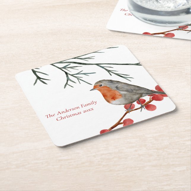 English Redbreast Robin Bird Holiday Christmas Square Paper Coaster (Angled)