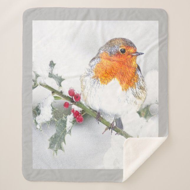 English Robin Bird Winter Snow Bird Wildlife Sherpa Blanket (Front)