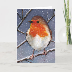 ENGLISH ROBIN IN SNOW: OIL PASTEL ART CARD