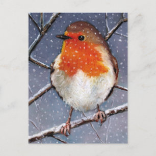 ENGLISH ROBIN IN SNOW: OIL PASTEL ART POSTCARD