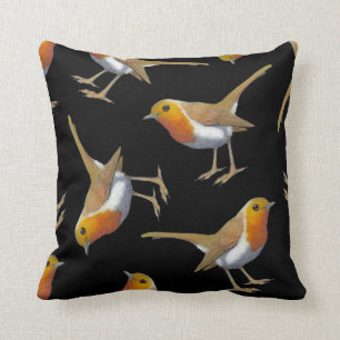 English Robin Pattern on Black, Original Art, Bird Cushion