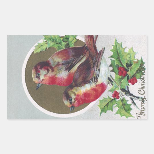 English Robins and Holly Vintage Christmas Rectangular Sticker