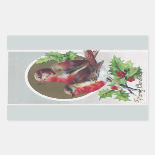 English Robins and Holly Vintage Christmas Rectangular Sticker