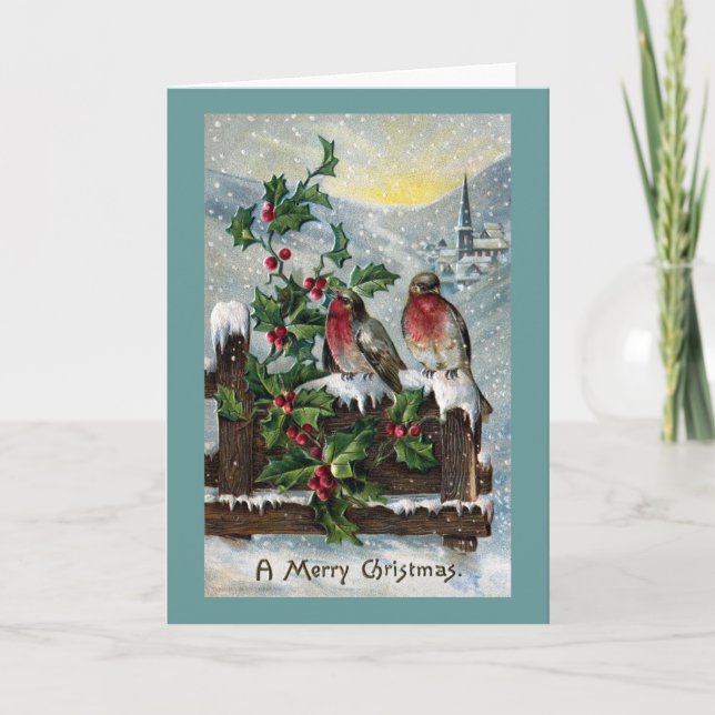 English Robins on a Fence Antique Christmas Holiday Card (Front)