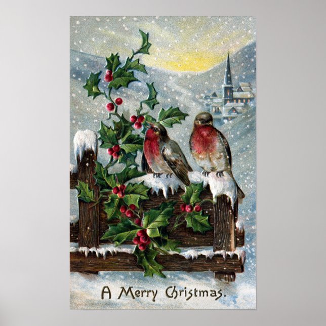 English Robins on a Fence Antique Christmas Poster (Front)