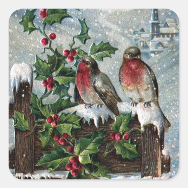 English Robins on a Fence Antique Christmas Square Sticker (Front)
