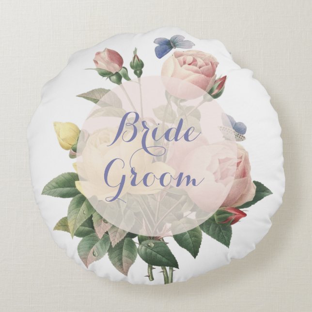 English Rose Butterfly Garden Wedding Forever Round Cushion (Back)