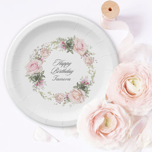 English Rose Garden Pink Floral Birthday Paper Plate