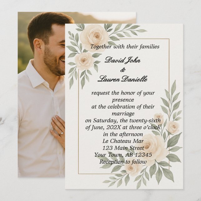 English Rose Photo Wedding Invitation (Front/Back)