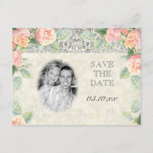 English Rose & Silver Save the Date Postcard