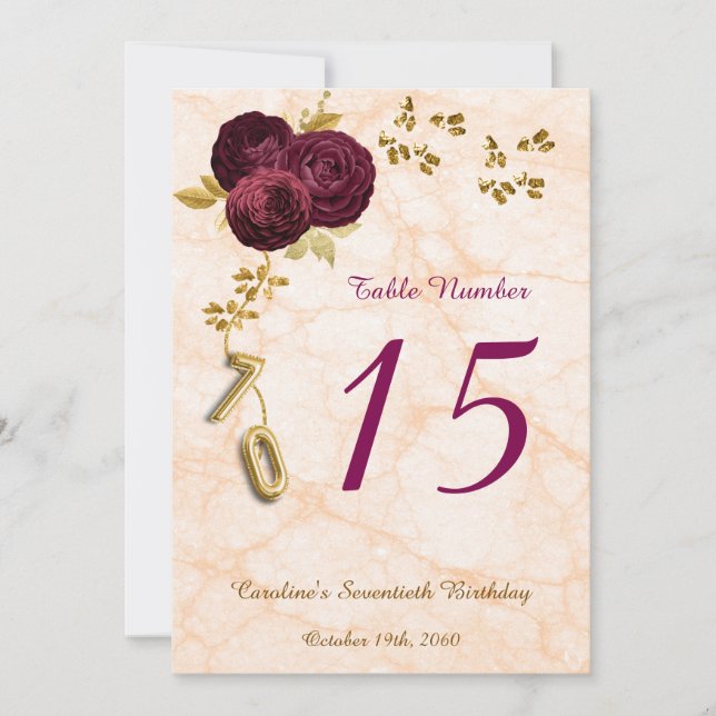 English Roses 70th Birthday Table Number (Front)