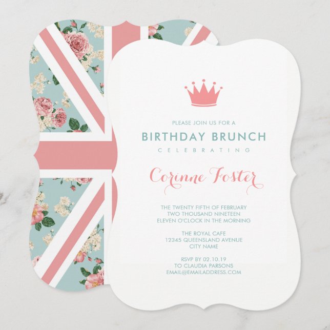 English Roses Union Jack Floral Birthday Invitation (Front/Back)