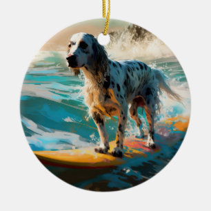 English Setter Beach Surfing Painting Ceramic Tree Decoration