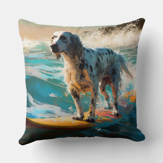 English Setter Beach Surfing Painting Cushion (Back)