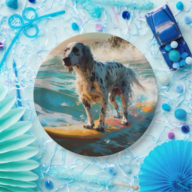 English Setter Beach Surfing Painting Paper Plate (Party)