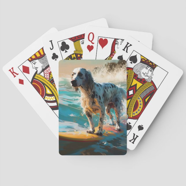 English Setter Beach Surfing Painting Playing Cards (Back)