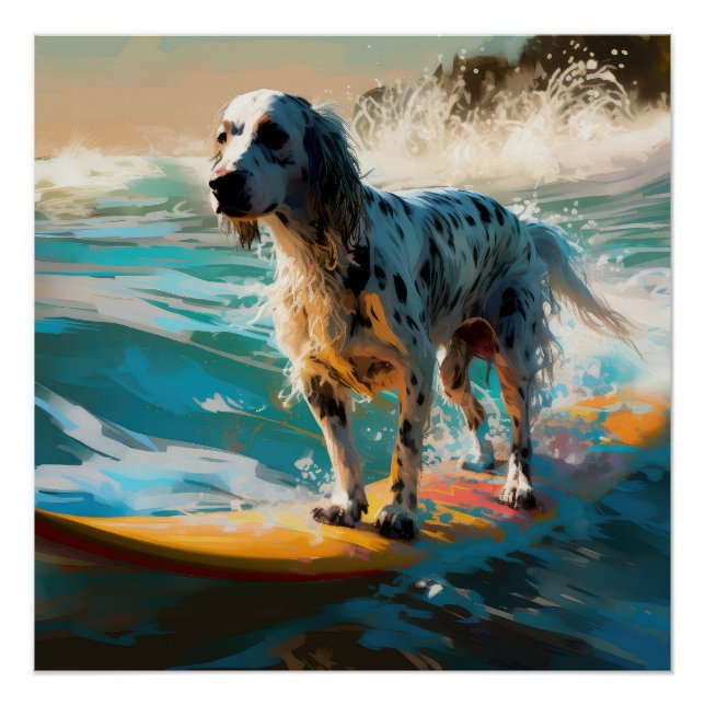 English Setter Beach Surfing Painting Poster (Front)