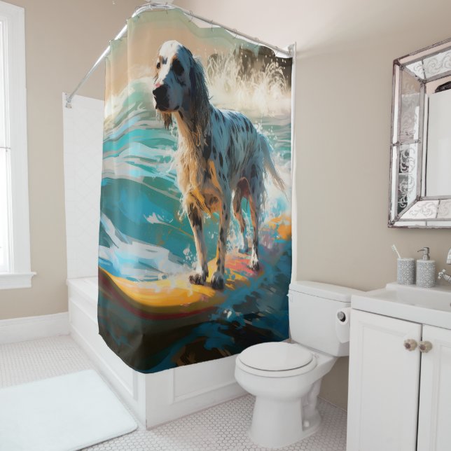 English Setter Beach Surfing Painting Shower Curtain (In Situ)