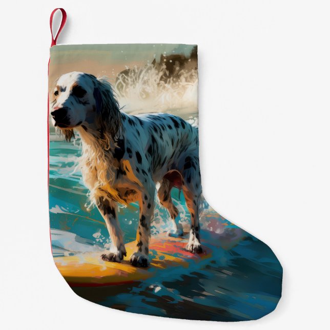 English Setter Beach Surfing Painting Small Christmas Stocking (Front)