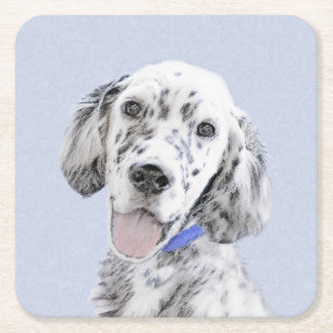 English Setter Blue Belton Painting Dog Art Square Paper Coaster