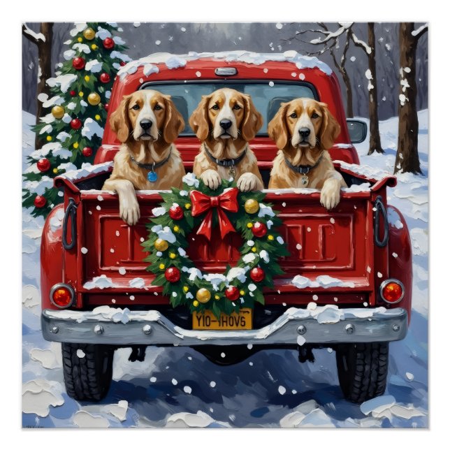 English Setter Christmas Red Truck Holiday Poster (Front)