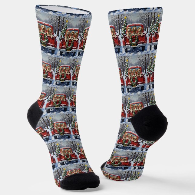 English Setter Christmas Red Truck Holiday Socks (Angled)