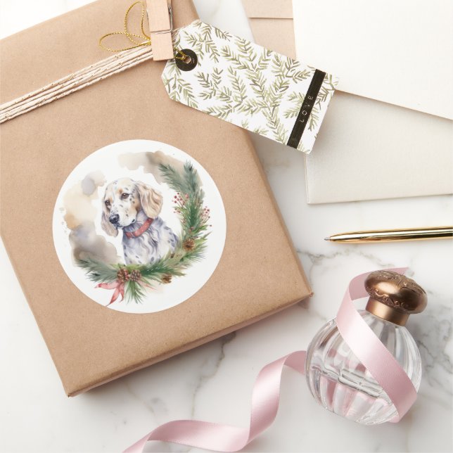 English Setter Christmas Wreath Festive Pup Classic Round Sticker (Gifting)