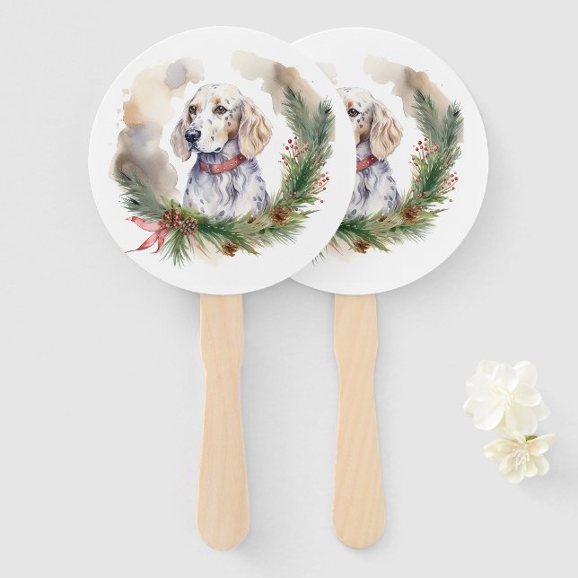 English Setter Christmas Wreath Festive Pup Hand Fan (Front and Back)