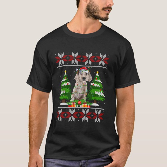 English Setter Dog Christmas Tree Lights Ugly Swea T-Shirt (Front)