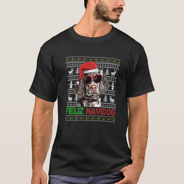 English Setter Dog Feliz Navidog Funny Christmas T-Shirt (Front)