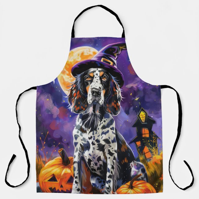 English Setter Dog Halloween Witch And Pumpkin Apron (Front)