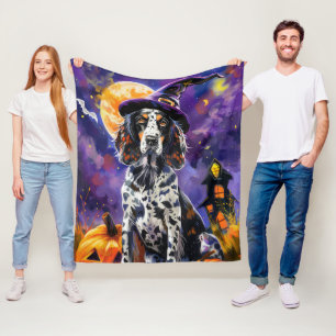 English Setter Dog Halloween Witch And Pumpkin Fleece Blanket