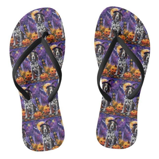 English Setter Dog Halloween Witch And Pumpkin Flip Flops (Footbed)