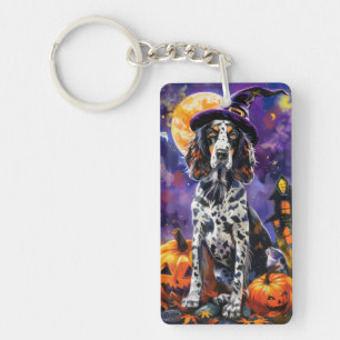 English Setter Dog Halloween Witch And Pumpkin Key Ring