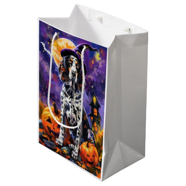 English Setter Dog Halloween Witch And Pumpkin Medium Gift Bag (Front Angled)