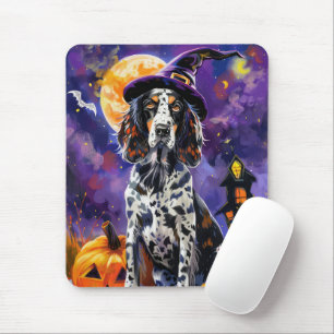 English Setter Dog Halloween Witch And Pumpkin Mouse Mat