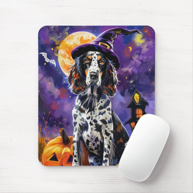 English Setter Dog Halloween Witch And Pumpkin Mouse Mat (With Mouse)