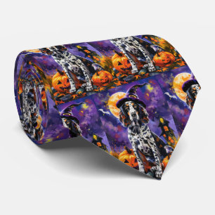English Setter Dog Halloween Witch And Pumpkin Tie
