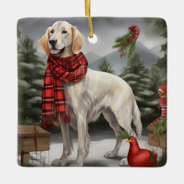 English Setter Dog in Snow Christmas Ceramic Ornament (Front)